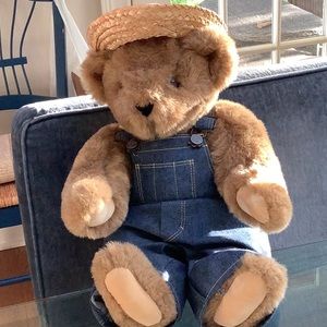 Vintage Vermont Teddy Bear Farmer.  17”.  Jointed plush. Removable straw hat.